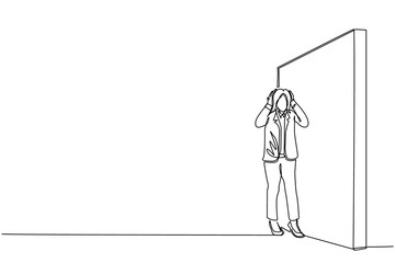 Single continuous line drawing cute businesswoman standing and confused in front of huge brick wall barriers. Scene for wrong business decision, mistake, deadlock. One line draw graphic design vector