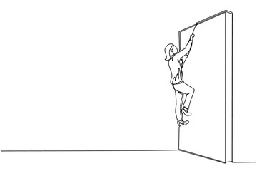 Fototapeta na wymiar Single one line drawing business determination concept with businesswoman climbing over wall with rope. Ambition, motivation, career growth, success, strength. Continuous line design graphic vector