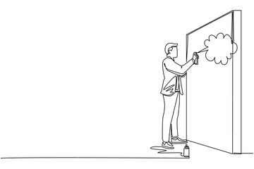 Continuous one line drawing businessman is painting profit graph on the wall. Business and success metaphor concept. Allegory of the career growth. Single line draw design vector graphic illustration