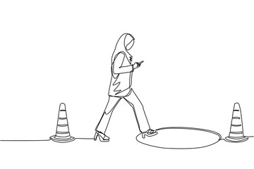 Single one line drawing Arabic businesswoman character going on street watching by smart phone, did not see open manhole. Woman walks to business trap. Continuous line draw design vector illustration