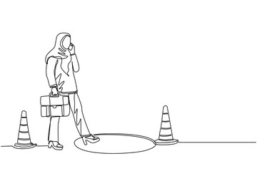 Single continuous line drawing Arab businesswoman talking on cell phone and she does not see the hole in front. Woman walks to business trap. Metaphor. One line draw graphic design vector illustration