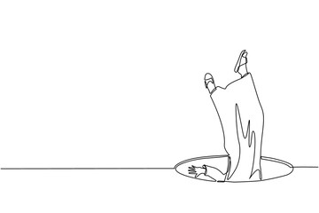 Single one line drawing Arabian businessman falling into pit hole. Legs up. Logo protruding legs from hatch, puddles. Metaphor. Failure. Defeat. Continuous line draw design graphic vector illustration