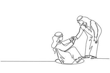 Continuous one line drawing Arabian businessman helping his friend by take him out from hole. Two men one of whom helps another. Business struggles. Single line draw design vector graphic illustration