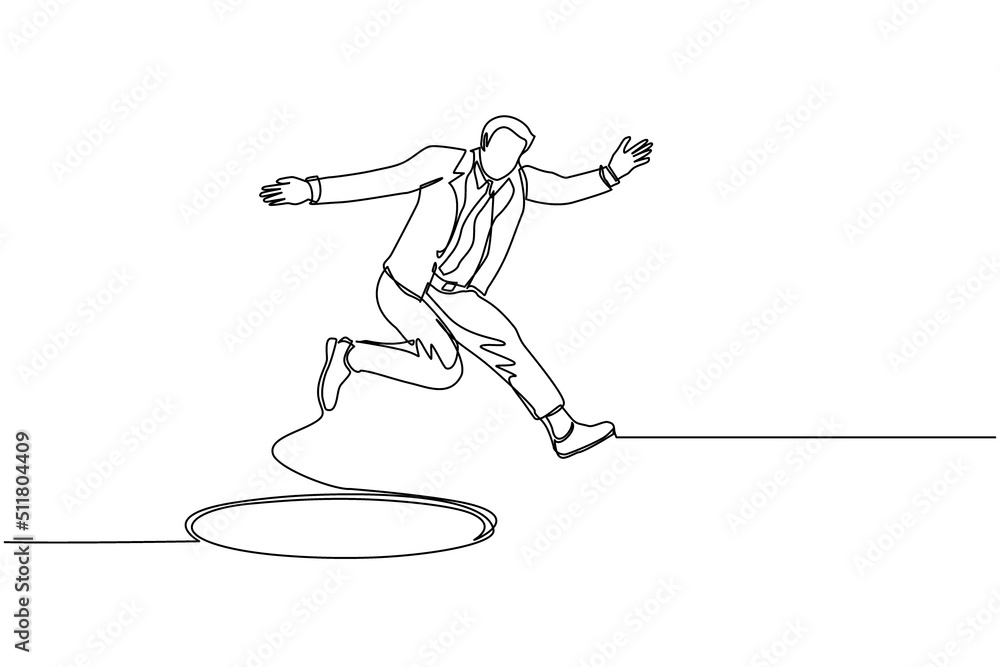 Aufkleber single continuous line drawing businessman jumping through the hole, metaphor to facing big problem.