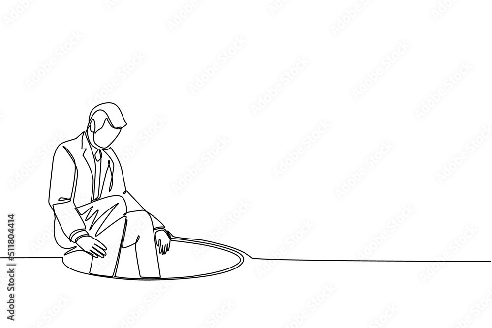 Poster single one line drawing businessman descends into the hole. concept of failure to take advantage of 