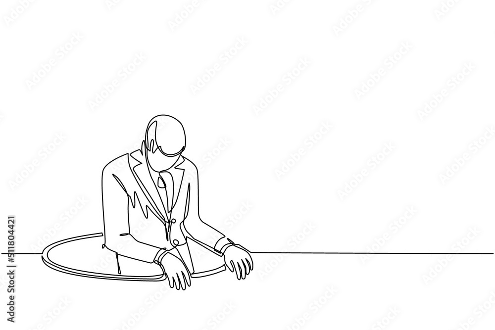 Poster continuous one line drawing businessman trying to get out of from hole, metaphor to facing big probl