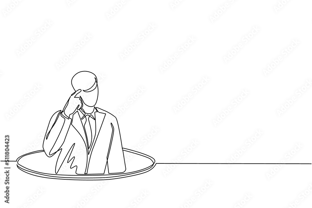 Poster single continuous line drawing confused businessman emerges from the hole. depressed and business fa