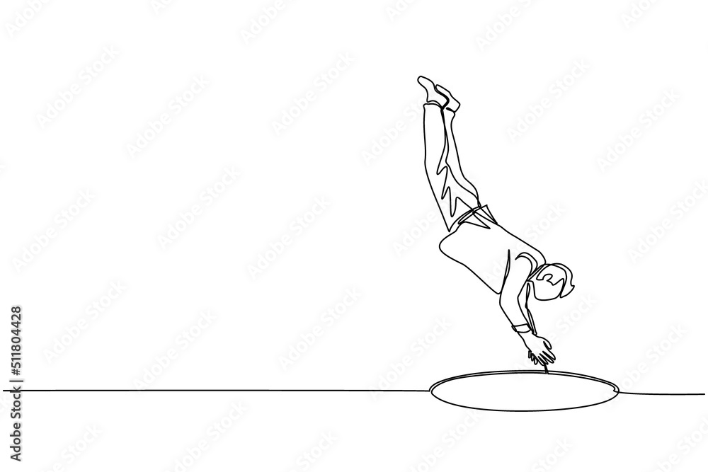 Poster single continuous line drawing businessman jump into hole. concept of failure to take advantage of b
