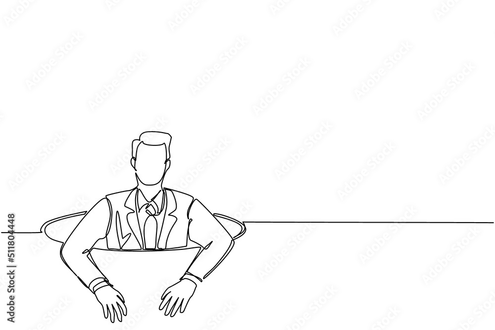 Poster single continuous line drawing businessman trying to get out of from hole, metaphor to facing big pr