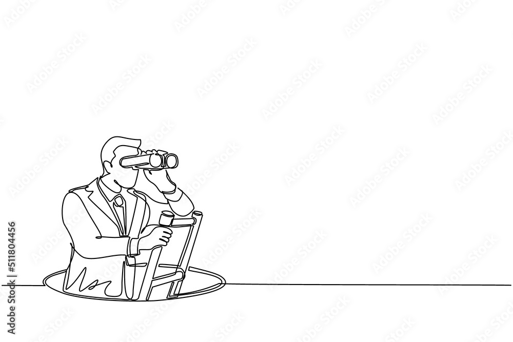 Poster single one line drawing businessman climbs out of the hole by ladder and using binocular. business v