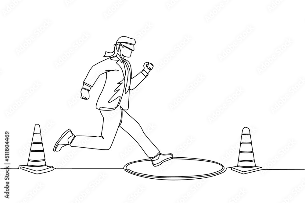 Poster continuous one line drawing blindfolded businessman running to find money with pit hole. man runs to