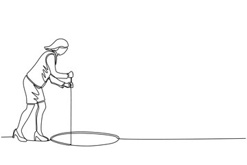 Continuous one line drawing businesswoman stretch out rope into hole. Woman wondering and looking at big hole, business concept in opportunity, exploration or challenge. Single line draw design vector