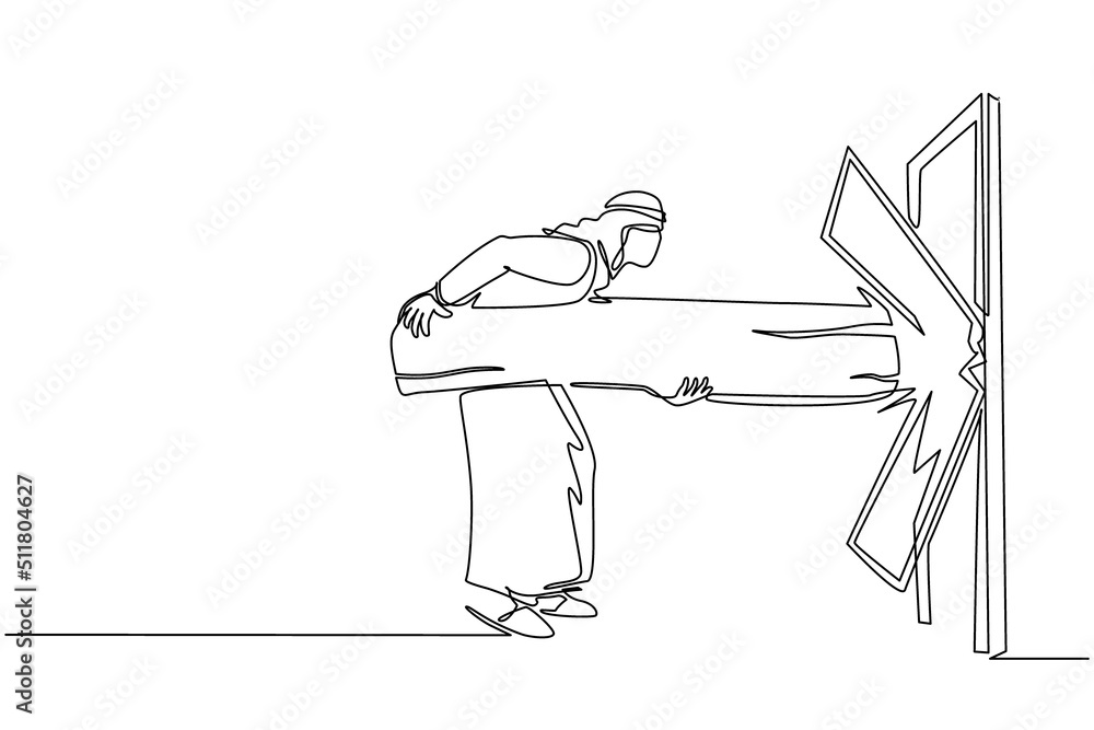 Poster continuous one line drawing arab businessman holding large log and destroying door. overcome challen