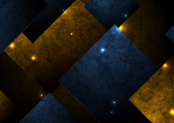 Abstract blue yellow glowing shiny squares minimal grunge background. Geometry vector design