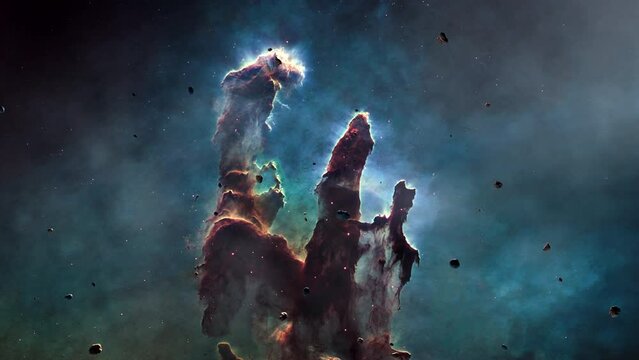 Galaxy space flight exploration space rock scence at Messier16 The Eagle Nebula . 4K looping animation of flying through glowing nebulae, clouds and stars field. 