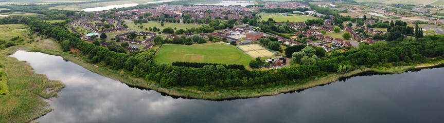 Aerial Footage of Stewartby Lake of England, Landscape at Sunrise
