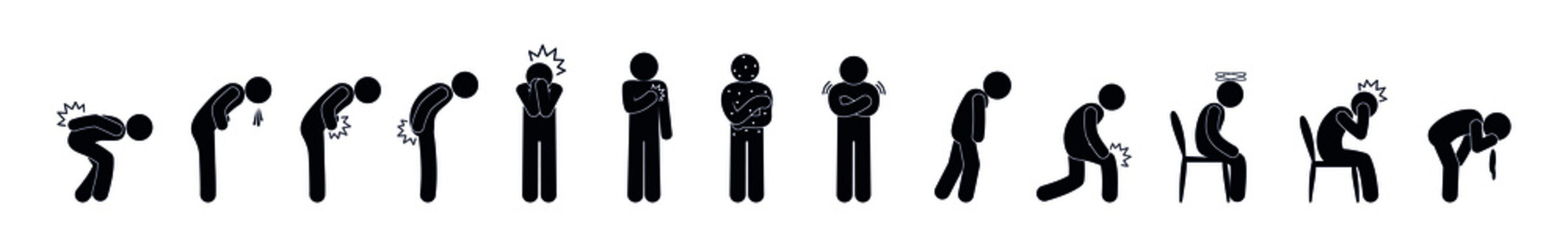 Symptoms of human diseases. People are sick, in pain. Stick figure icon man. Illustration of feeling unwell.