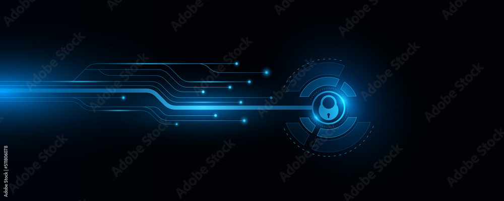 Poster futuristic sensor panel with lock and glowing computer circuit board. biometric data security. dashb