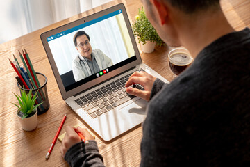 Doctor video call online by modish telemedicine software application for virtual meeting with...