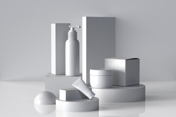 White cosmetic packaging ant white podium 3d rendering
