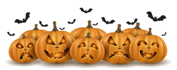 Halloween 3d emotional cartoon cute smiling pumpkins with bats. Festive cover. Trick or treat. Pumpkin collection. Vector illustration