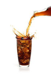 Pouring cola drink into the glass with splash  isolated on white background.