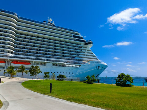 MSC Seashore cruise ship docked at tropical island Ocean Cay, Bahamas