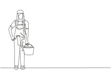 Continuous one line drawing woman holds roller with paint and bucket of paint, home repairs, painting walls in house, apartment, professional painter. Single line design vector graphic illustration