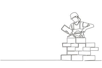 Fototapeta na wymiar Continuous one line drawing repairwoman building brick wall. Construction worker in uniform and helmet doing work. Builder concept. Repair work services. Single line draw design vector illustration