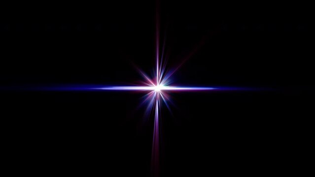 Abstract looping center blue purple stars streaks optical light lens flares flickering rotation animation background for your screen project overlay. 4K seamless loop dynamic kinetic bright star light