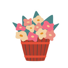basket with bouquet of blooming garden or wild flowers to gift. Vector Icon. Flat cartoon illustration, clipart.