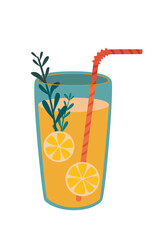 Fresh lemonade in the glass with lemon and straw isolated on white background. Flat vector cartoon illustration, clipart.