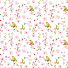 Branch of Cherry blossom watercolor Allover seamless pattern on white backgraund. Japanese flowers and bird. Floral background