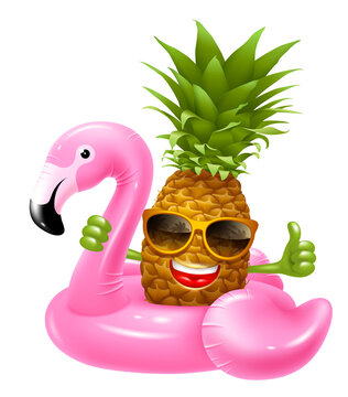 Inflatable rubber swimming ring in pink flamingo shape. Fun character pineapple in the sunglasses swim on the flamingo, smiling and shows thumbs up. Realistic vector illustration