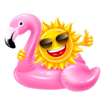 Inflatable rubber swimming ring in pink flamingo shape. Fun character sun in the sunglasses swim on the flamingo, smiling and shows thumbs up. Realistic vector illustration