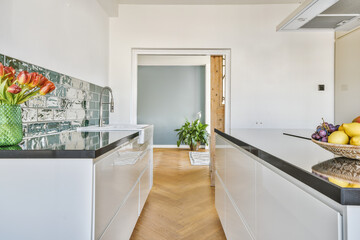 Interior of spacious light kitchen with modern white furniture and pop art portrait in light...