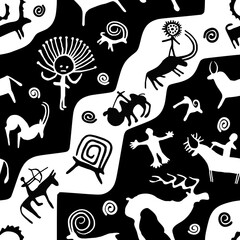 A series of petroglyphs, cave drawings, vector design, seamless pattern