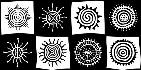 Seamless pattern, ethnic background, sun symbols, vector design	
