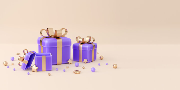 Realistic violet gift box with golden ribbon bow background. Concept of abstract holiday, birthday or wedding present or surprise. 3d high quality isolated render