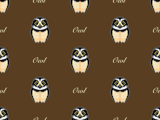 Owl cartoon character seamless pattern on brown background. Pixel style