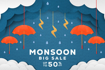 monsoon season big sale illustration in paper cut art - obrazy, fototapety, plakaty