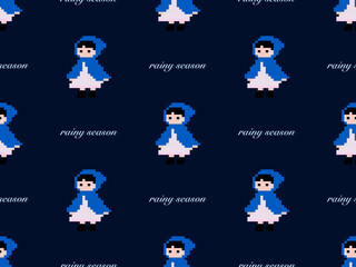 Obraz premium Girl cartoon character seamless pattern on blue background. Pixel style