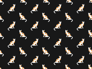Cat cartoon character seamless pattern on black background. Pixel style