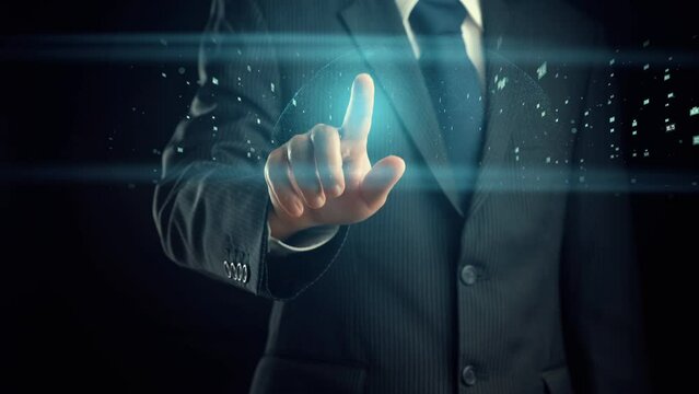 Businessman show hologram of programming coding allusive technology. Virtual augmented reality generated by 3D rendering motion graphic and animation to create futuristic HUD .