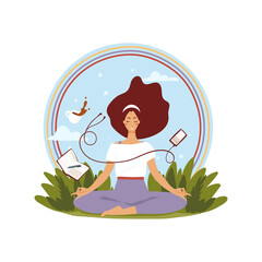 Obraz na płótnie Canvas Girl practicing yoga outdoors on landscape background, round icon isolated. The concept of relaxing the mind, student stress during exams at the institute, meditation at work. Flat vector cartoon