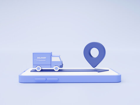 Delivery truck on smartphone with location pointer shipping to customer e-commerce concept on blue background 3d illustration