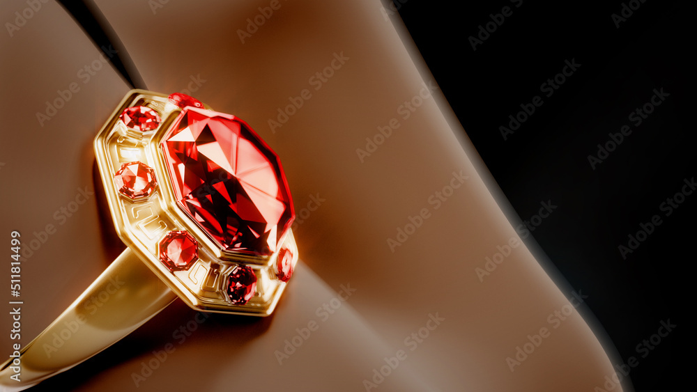 Poster gold ring on finger with red ruby gem, fictitious design - object 3d rendering