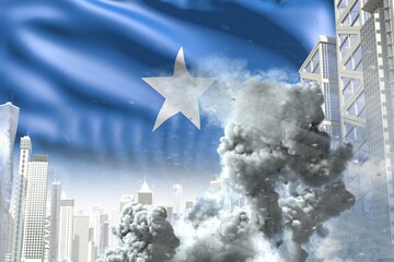 large smoke column in the modern city - concept of industrial explosion or terrorist act on Somalia flag background, industrial 3D illustration