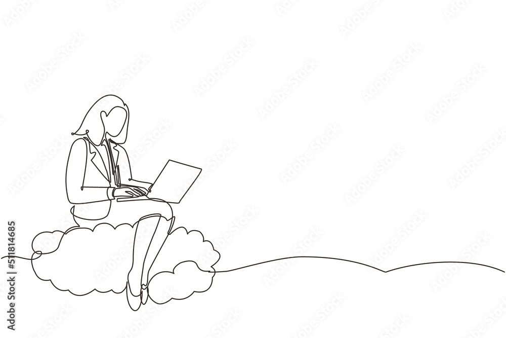 Poster single continuous line drawing businesswoman sitting on cloud in sky and working with laptop. wirele