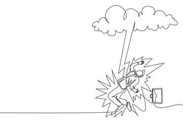 Single continuous line drawing businessman struck by lightning or thunder from dark cloud. Bad luck, misery, unfortunate, unlucky, disaster, risk, and danger. One line draw design vector illustration